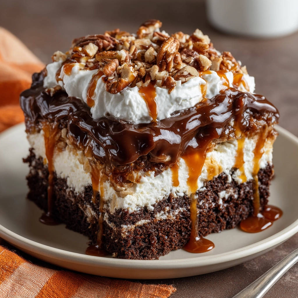 Decadent chocolate pecan layered dessert slice detail showing rich layers of chocolate cake, cream, and caramel topping.