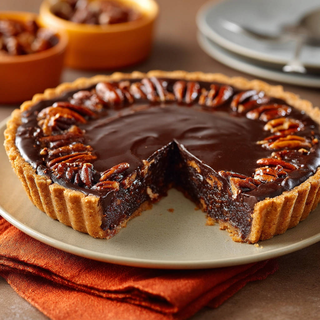 Decadent chocolate pecan tart with a slice removed to reveal the rich interior and pecan topping.