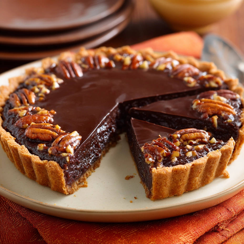 Decadent chocolate pecan tart, sliced to reveal a rich interior and topped with whole pecans.