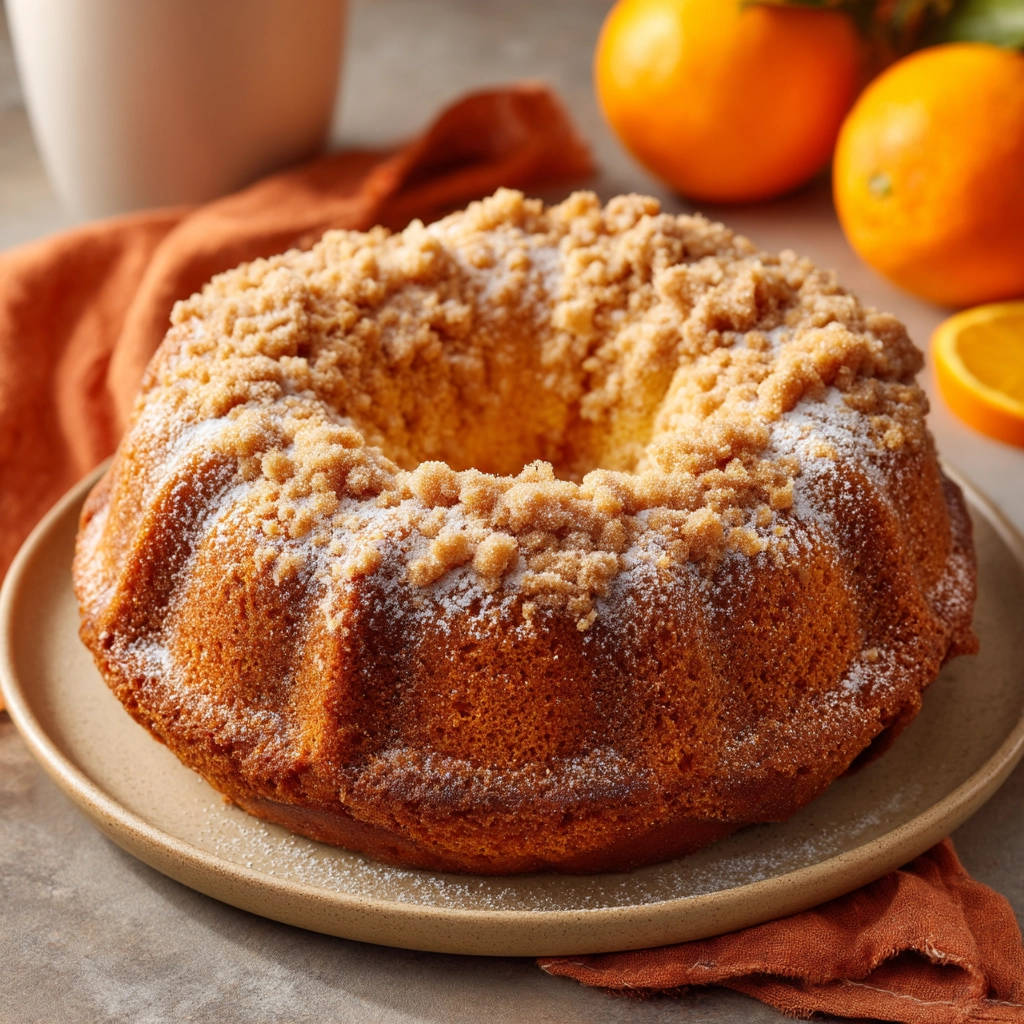 Cinnamon crumb bundt cake with a generous topping of streusel and a dusting of powdered sugar.