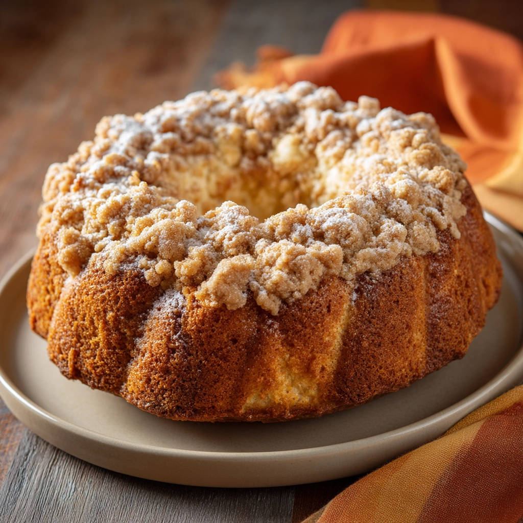 Cinnamon crumb bundt cake with a generous crumb topping and a dusting of powdered sugar.