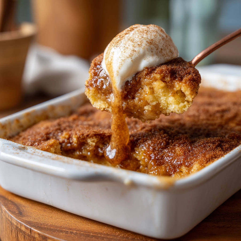 Warm Cinnamon Crumble Pudding, a scoop with melting ice cream and a dusting of cinnamon.