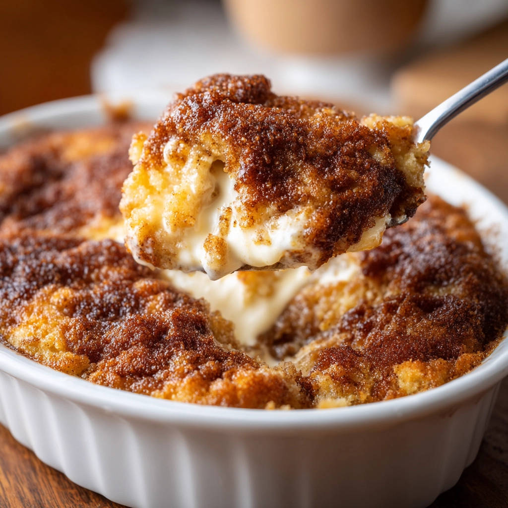 Warm Cinnamon Crumble Pudding with a spoonful showing its creamy interior cross-section.