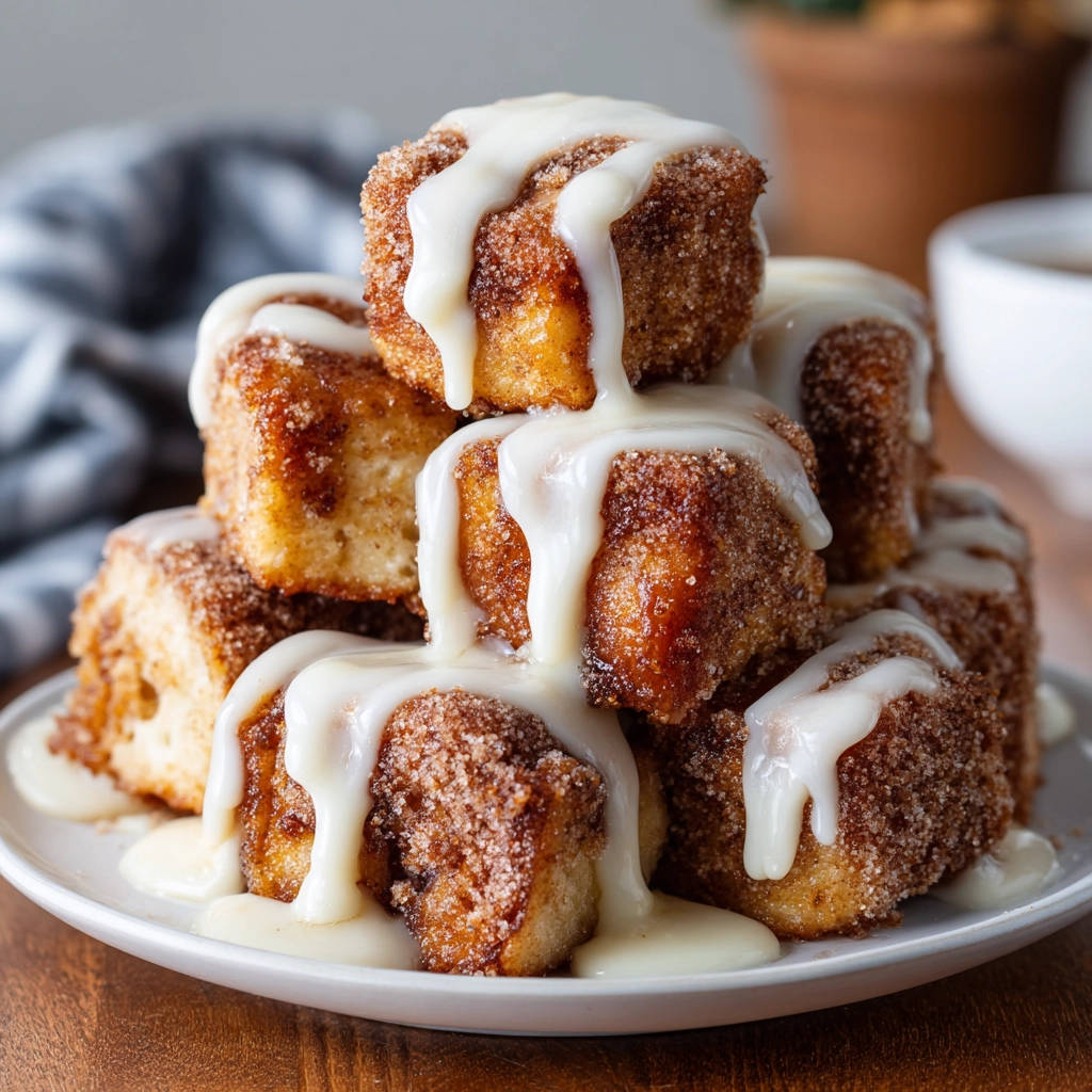 Sweet & Fluffy Cinnamon Sugar Bites in 25 Mins drizzled with white glaze on a plate.
