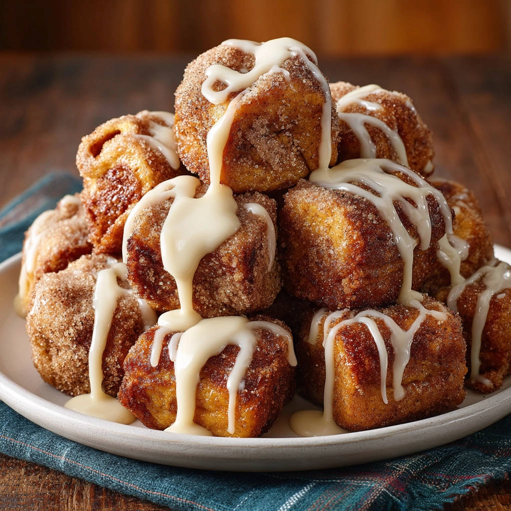 Sweet &amp; fluffy cinnamon sugar bites with a creamy glaze drizzled over the top for a decadent finish.
