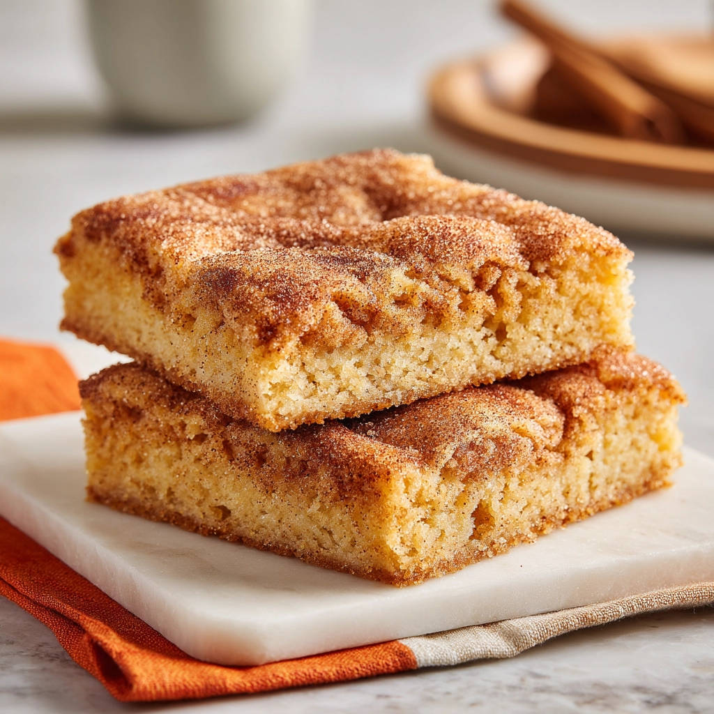 Easy cinnamon swirl coffee cake shown as two stacked slices on a marble board with an orange napkin.