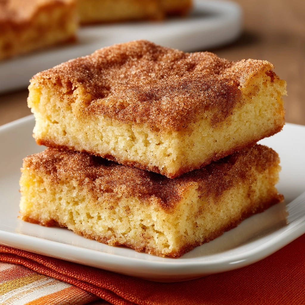 Easy Cinnamon Swirl Coffee Cake shown as two stacked moist slices, dusted with cinnamon sugar.