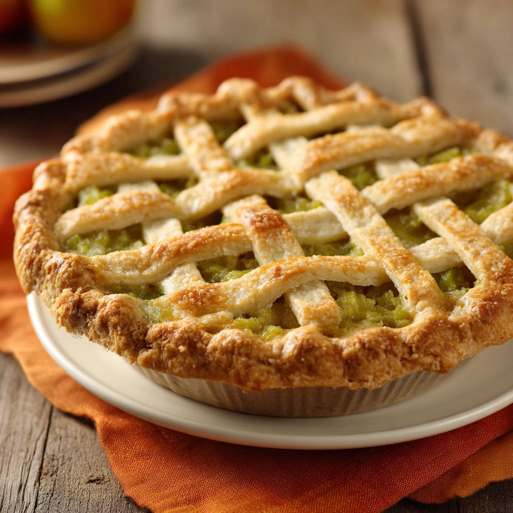 Classic apple pie with a golden brown lattice crust shown in a close-up view on a white plate.
