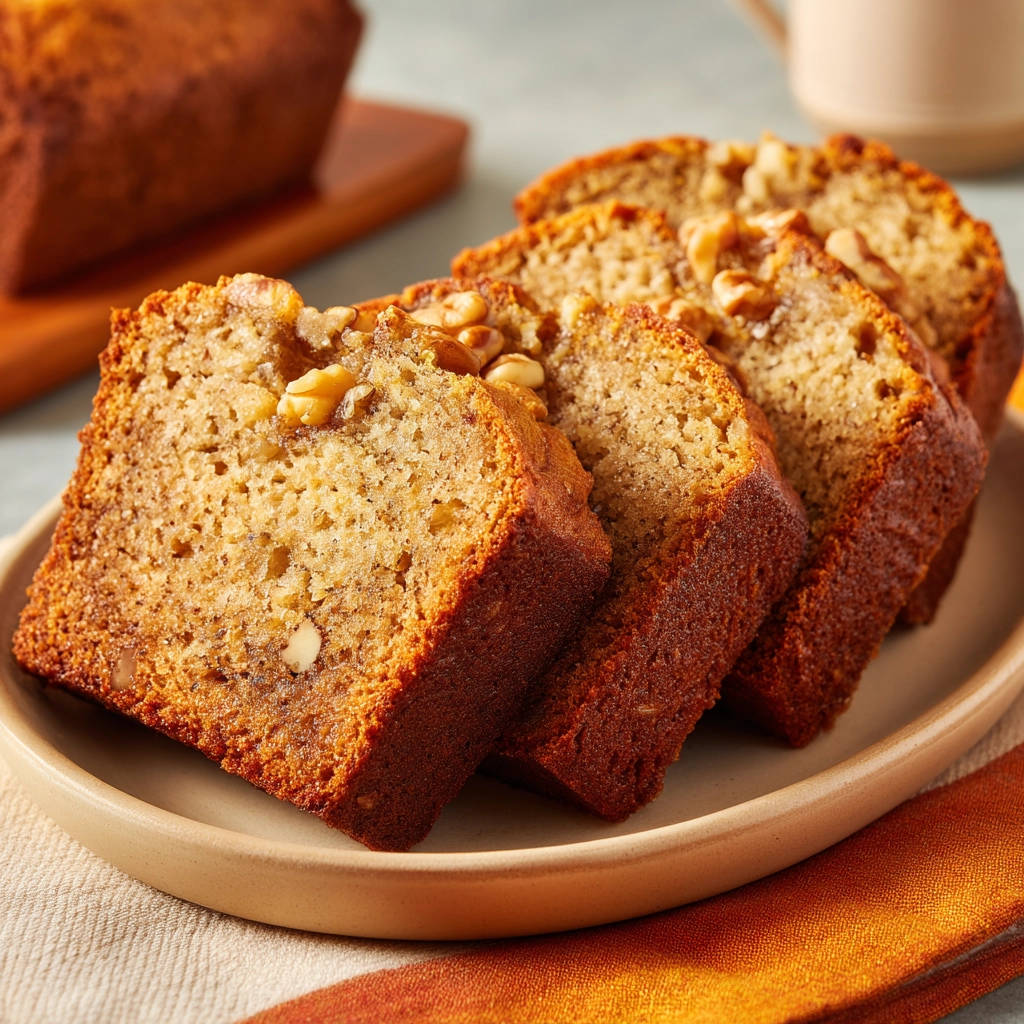 Classic banana nut bread sliced and presented in a close-up view, showcasing its moist interior and walnut chunks.