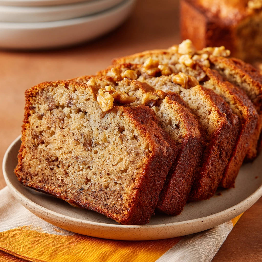 Classic Banana Nut Bread sliced to show its moist interior texture with walnuts on top.