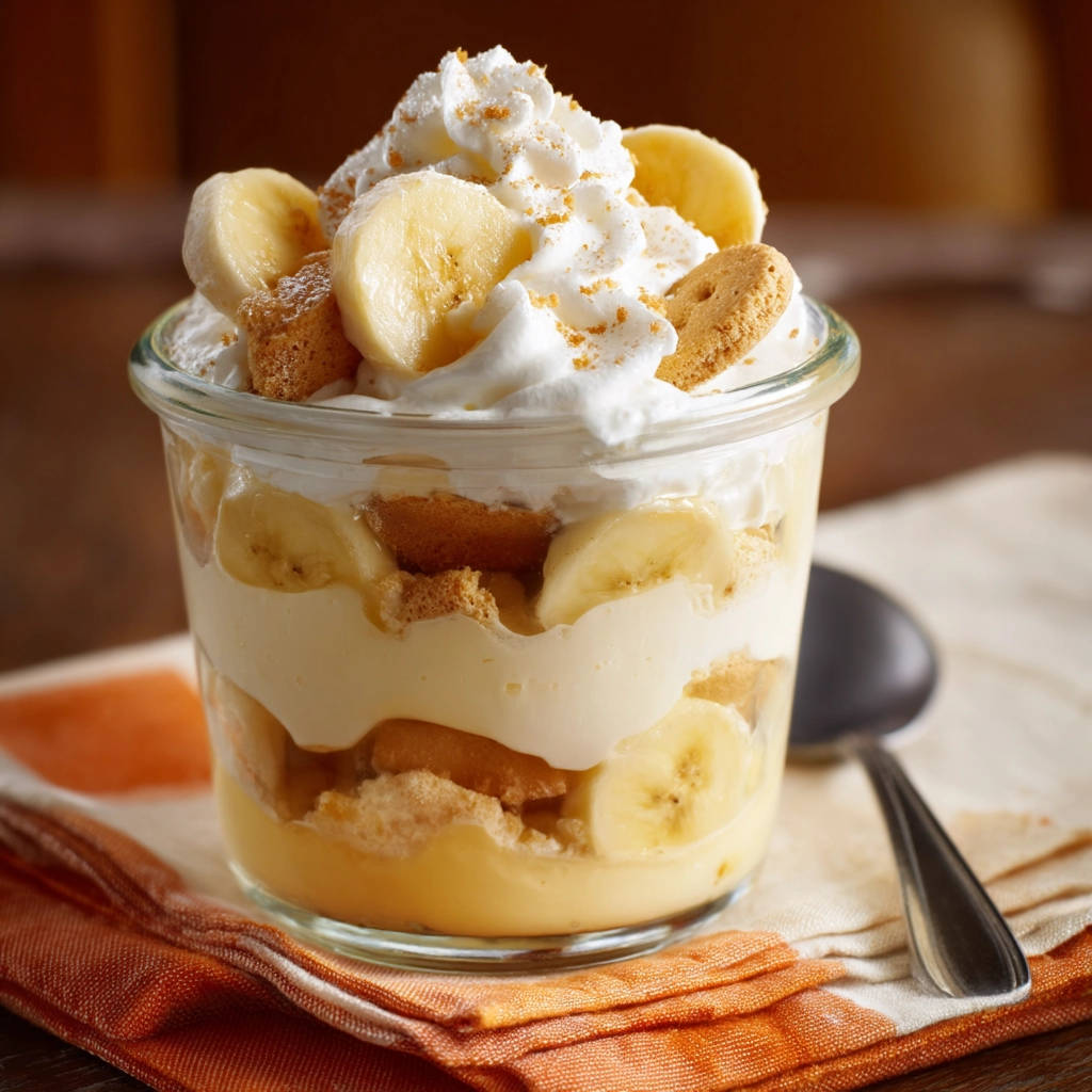 Classic banana pudding jar with layers of pudding, bananas, and cookies, topped with whipped cream and a garnish.