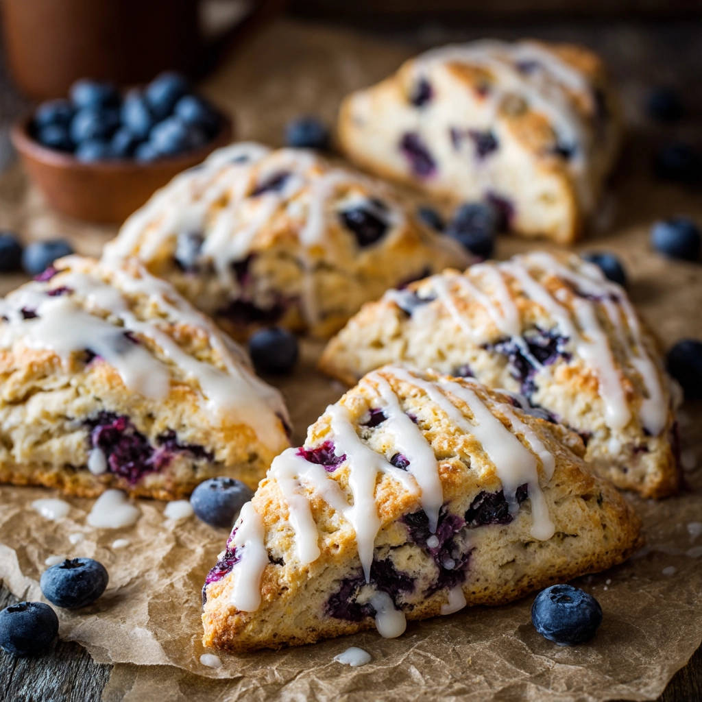 Classic blueberry scones with a white glaze drizzled over them, shown in a close-up view with fresh blueberries scattered around.