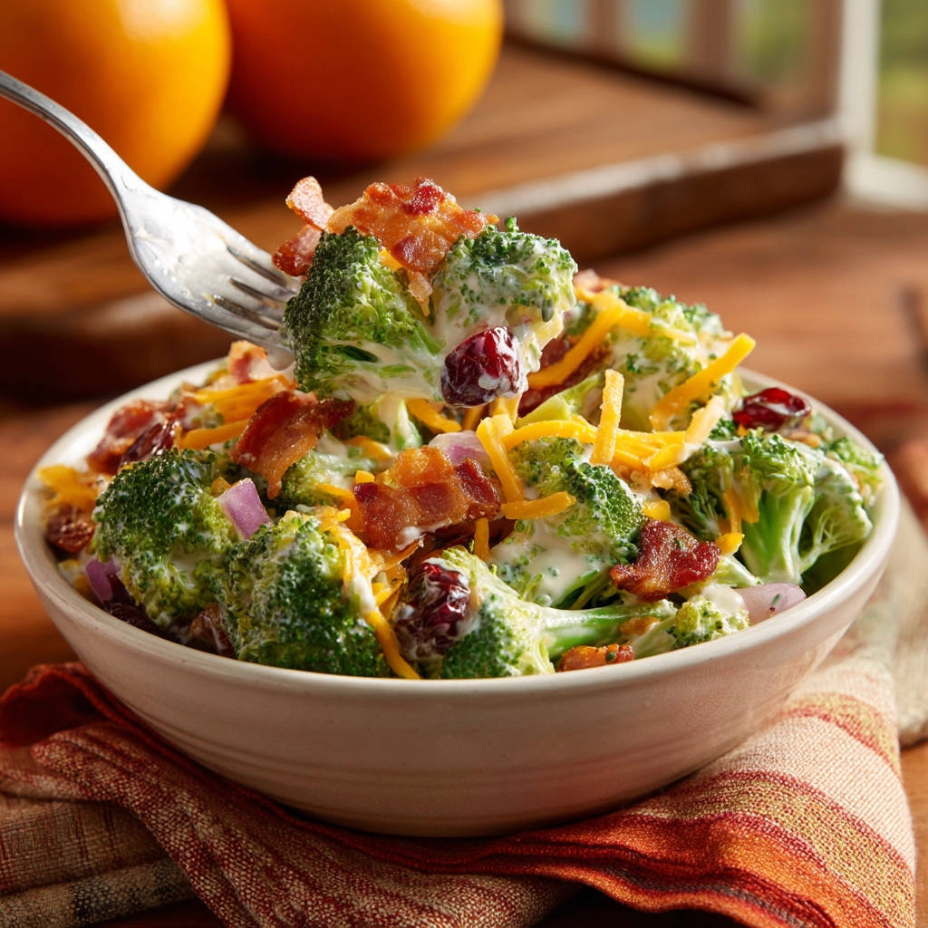 Classic broccoli salad with bacon, cheese, and cranberries being lifted by a fork.