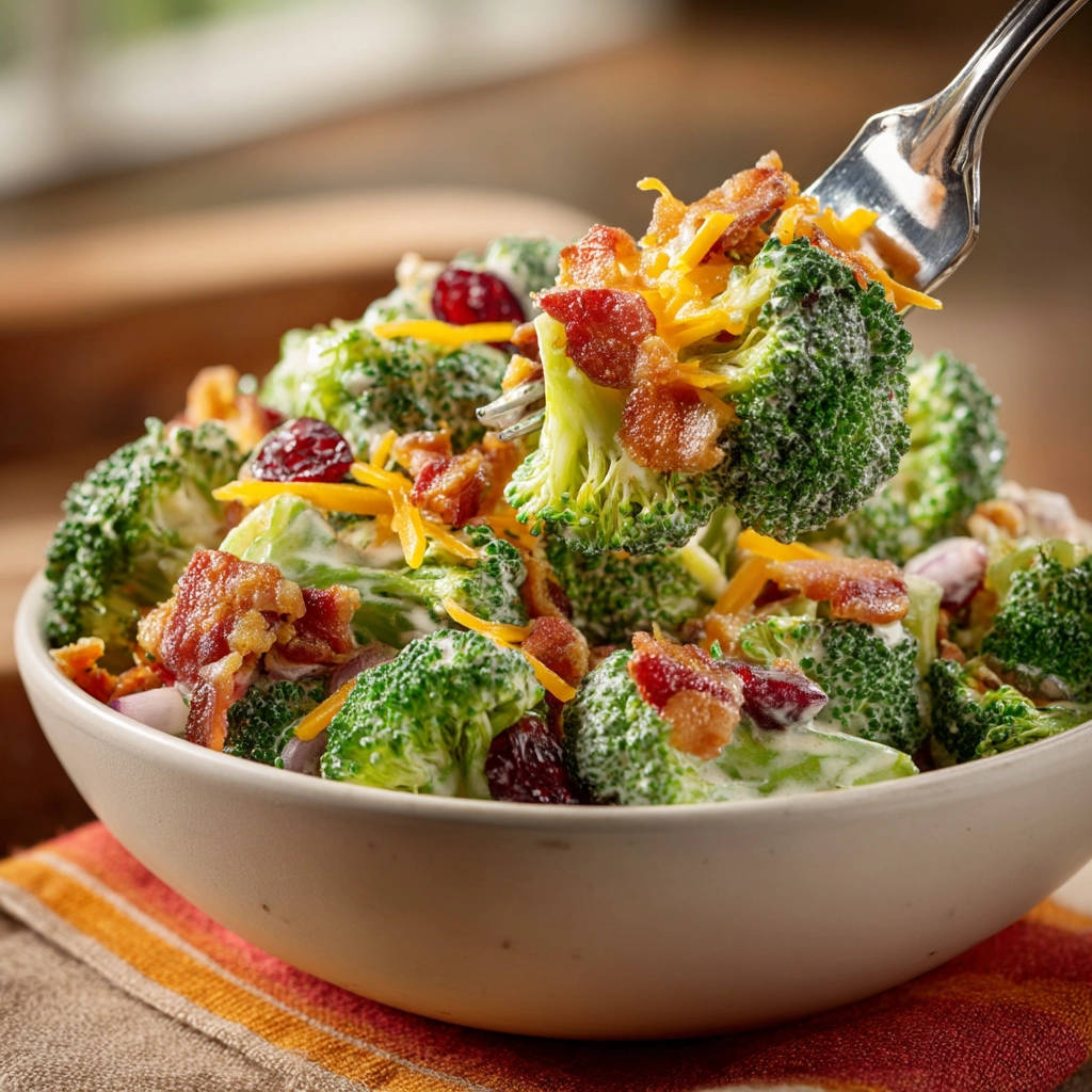 Classic broccoli salad with bacon and cheese being lifted on a fork, showing creamy dressing and cranberries.