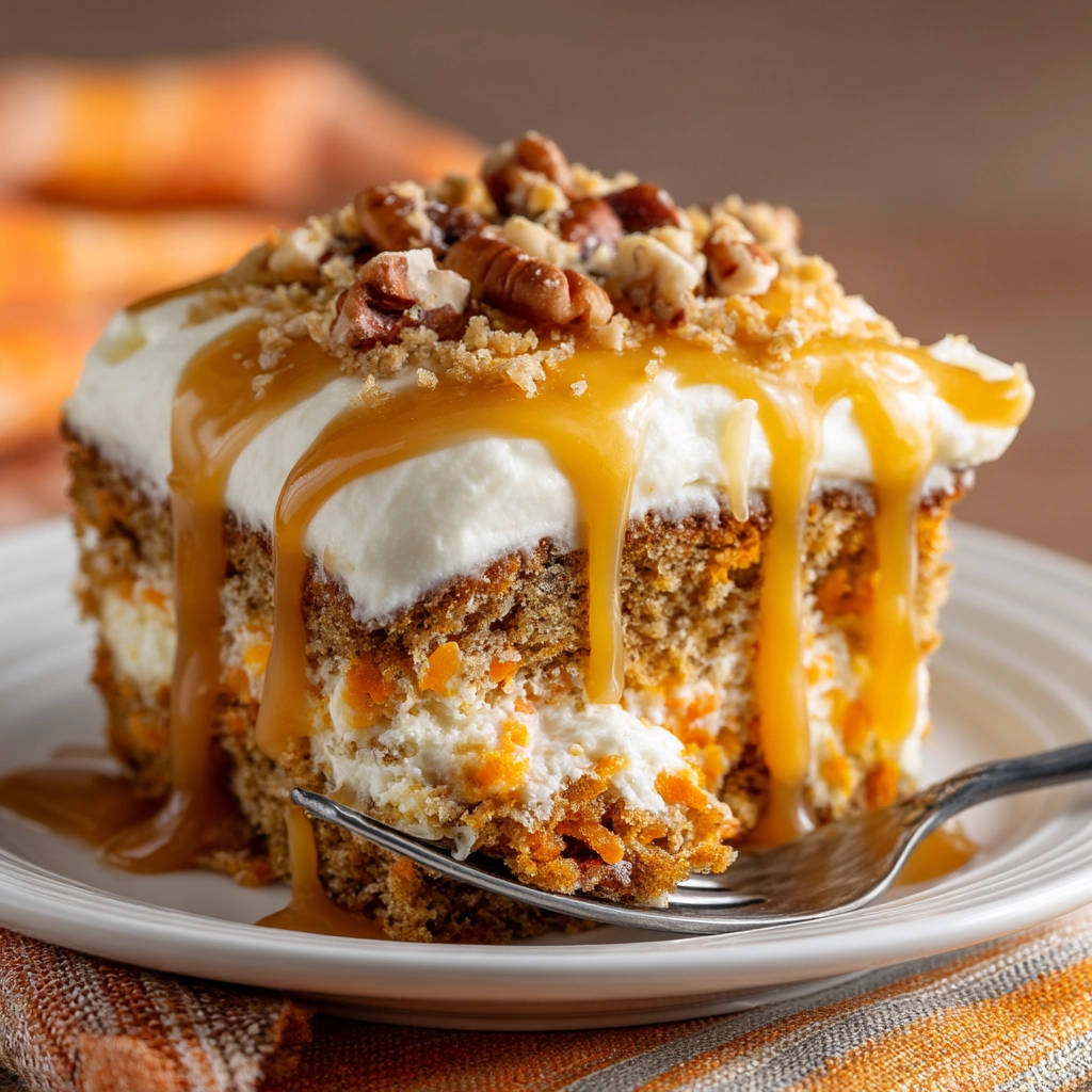 Classic carrot cake cross-section on a white plate, drizzled with caramel and topped with nuts.