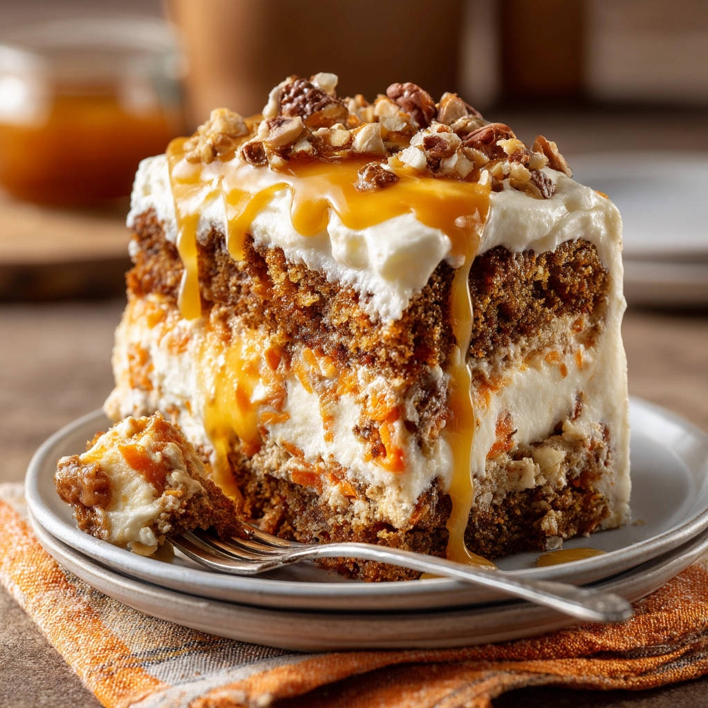 Classic carrot cake slice with cream cheese frosting, drizzled with caramel sauce and topped with walnuts.