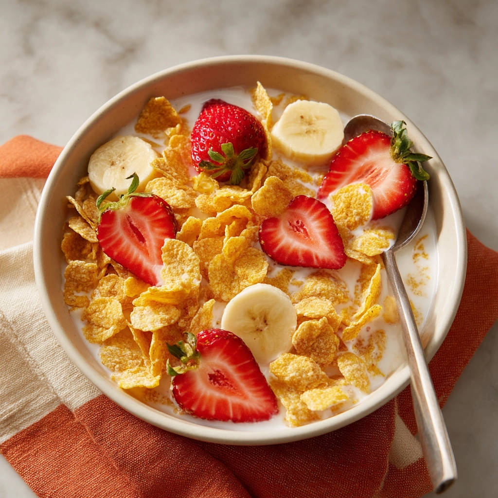Classic cereal bowl with strawberries and banana slices, presented in an overhead view with a spoon.