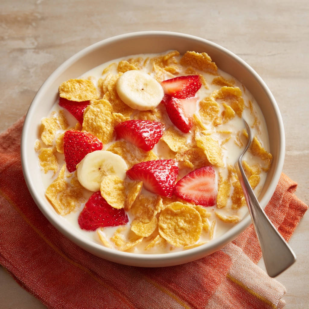 Classic cereal bowl with strawberries, bananas, and milk, showing a close-up view of the ingredients.