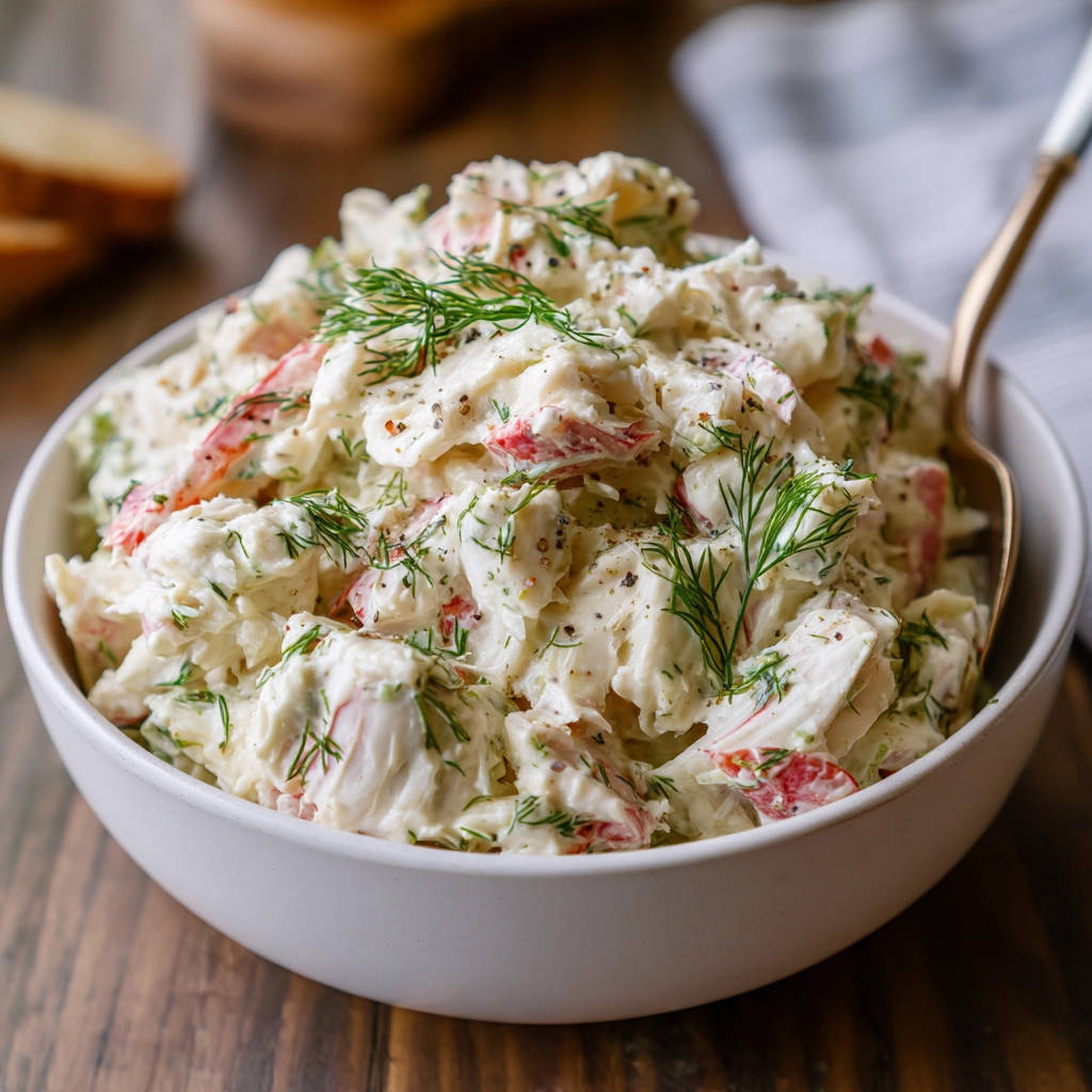 Classic crab salad shown in a white bowl, featuring a close-up view with fresh dill garnish and visible crab pieces.