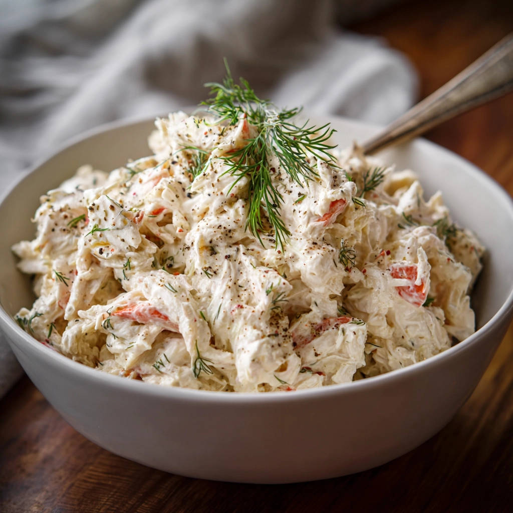 Classic crab salad in a white bowl, generously garnished with fresh dill and black pepper.