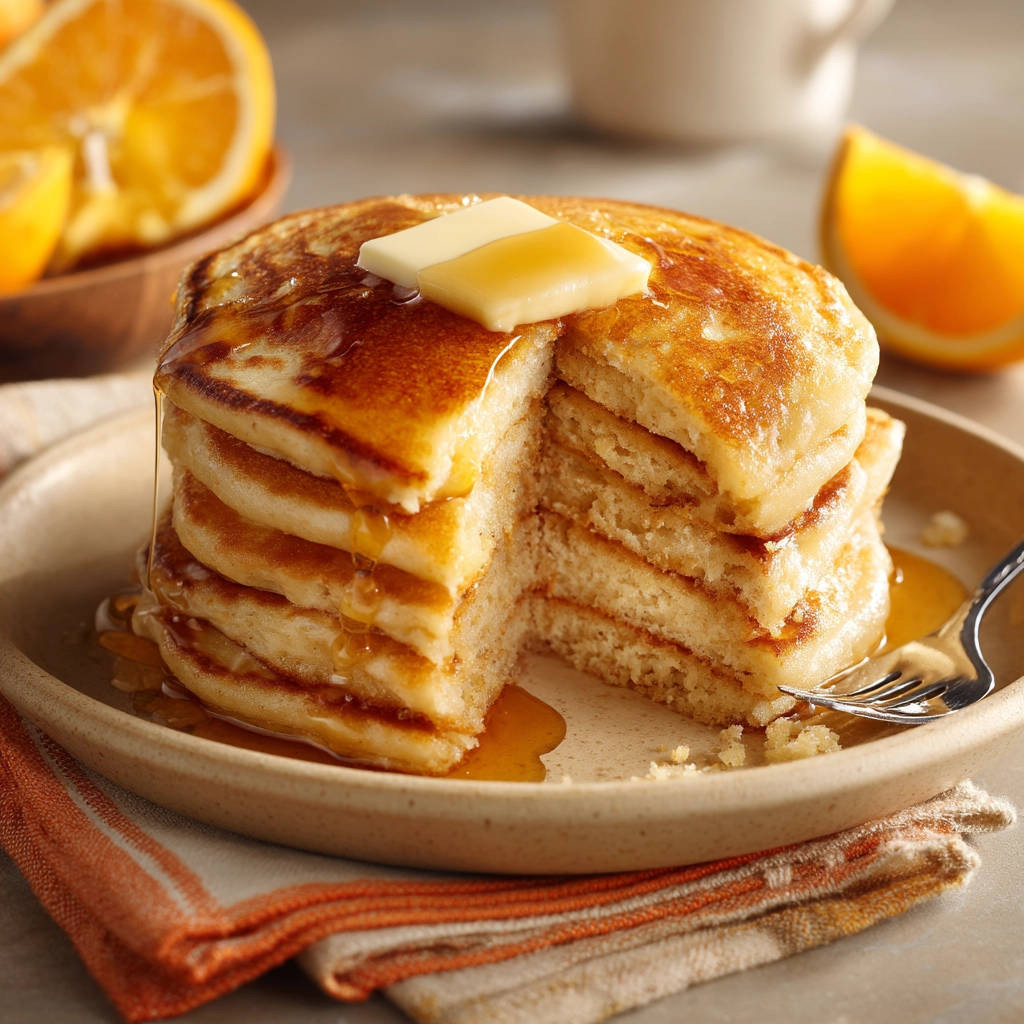 Classic fluffy pancakes cross-section showing the interior layers, topped with butter and drizzled with syrup.
