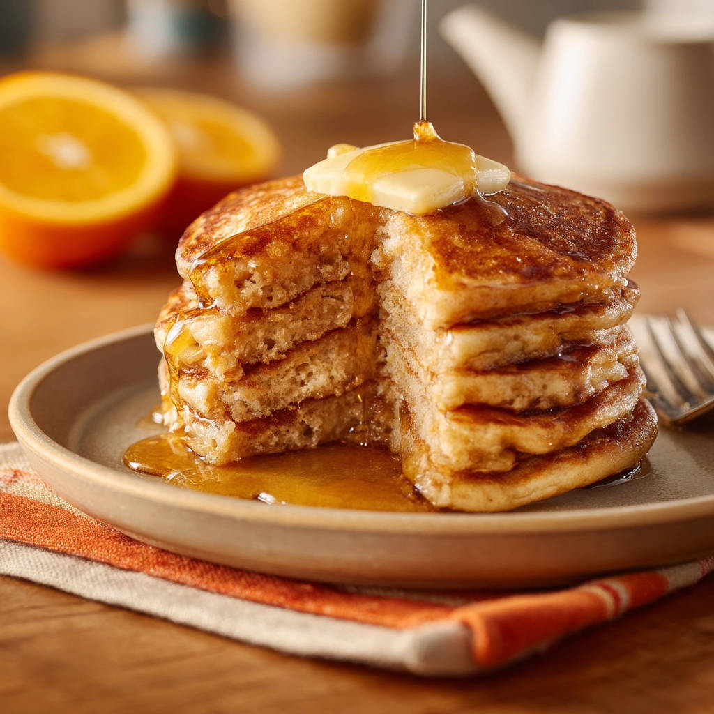 Classic fluffy pancakes with butter and syrup being poured, showing a close-up cross-section of the stack.