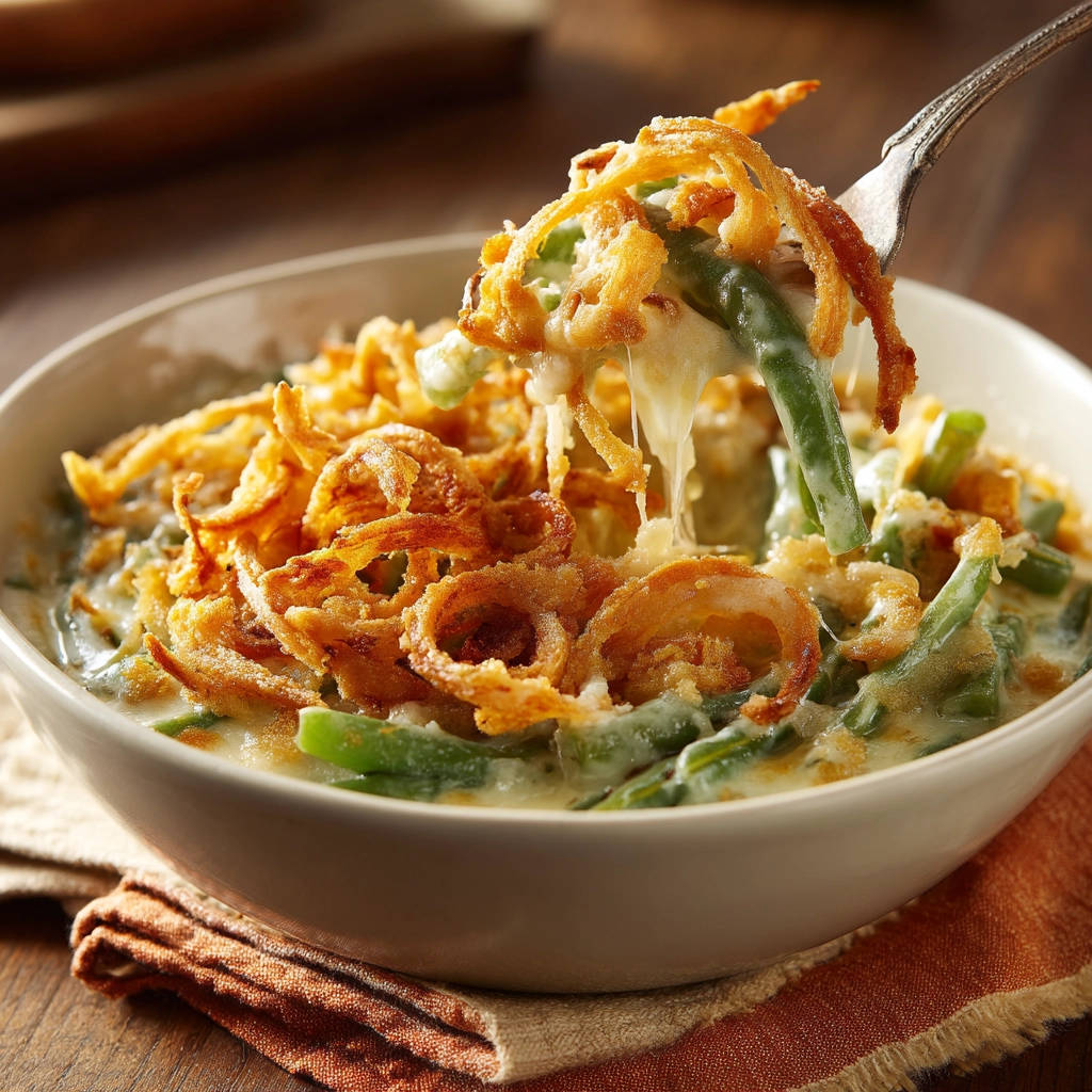 Classic green bean casserole with a fork lifting a serving, showing creamy sauce and fried onions.