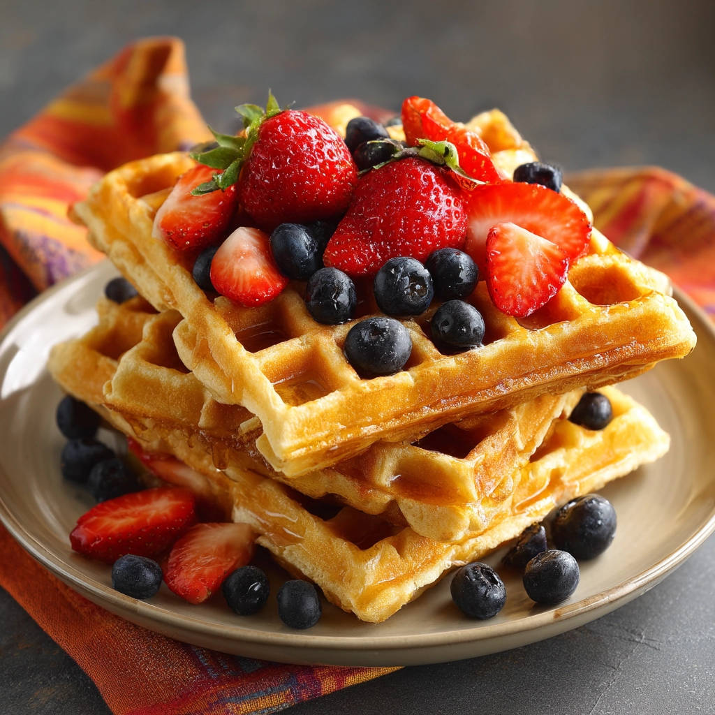 Classic homemade waffles stacked high and topped with fresh strawberries and blueberries, drizzled with syrup.