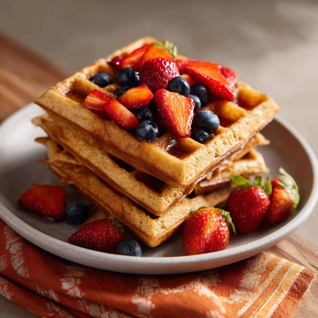 Classic homemade waffles stacked high and topped with fresh strawberries and blueberries, drizzled with syrup.
