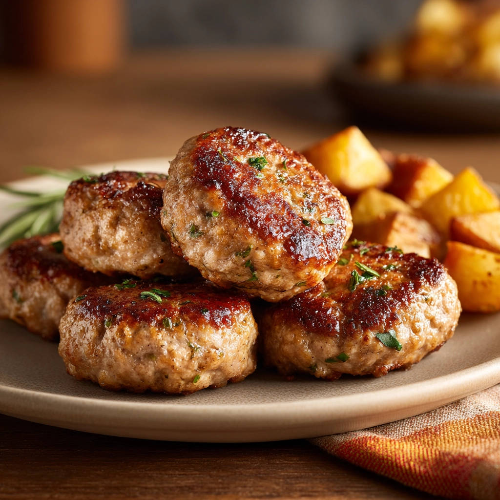 Classic meat patties served on a plate with roasted potatoes, garnished with fresh herbs.