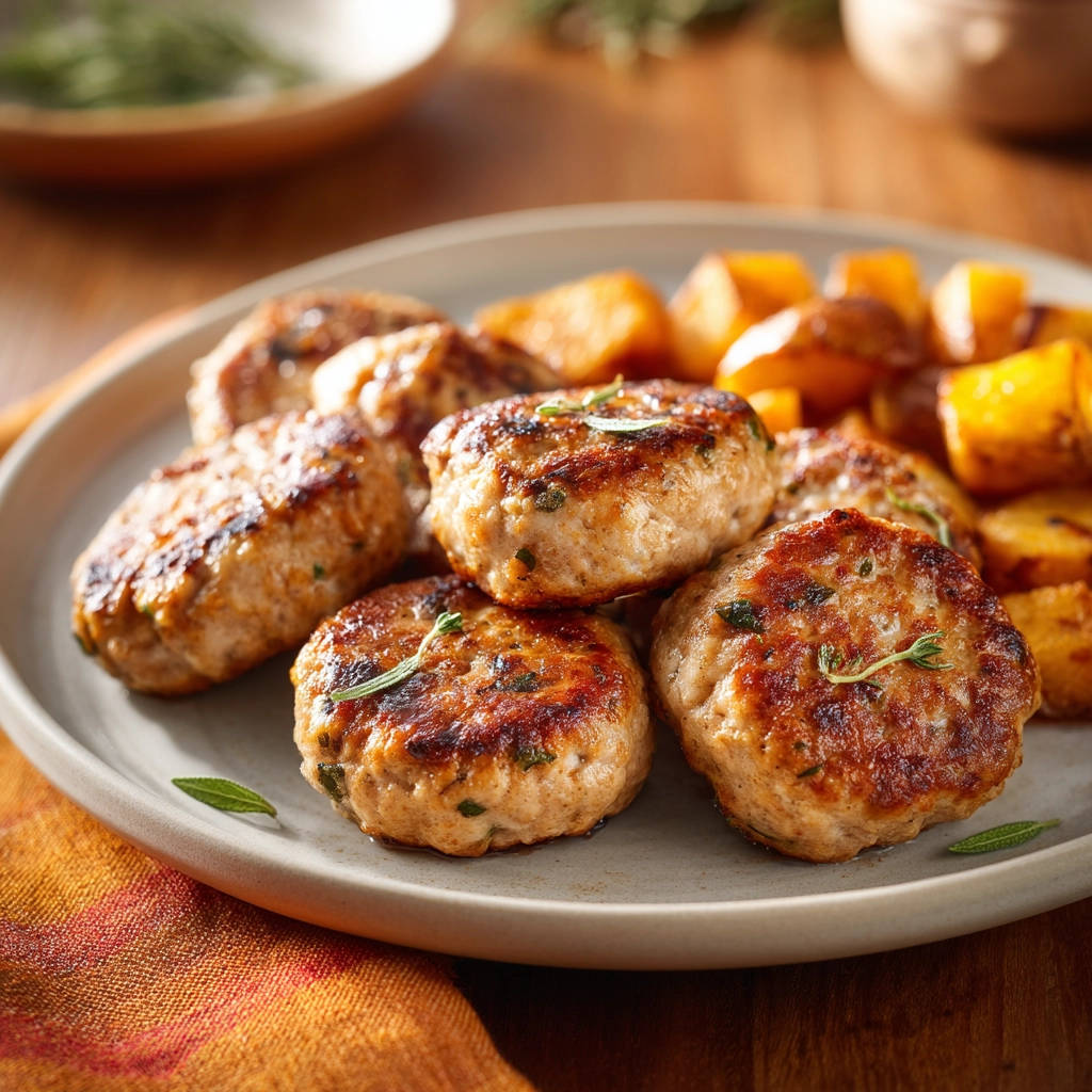 Classic meat patties are served on a plate with roasted vegetables and garnished with fresh herbs.