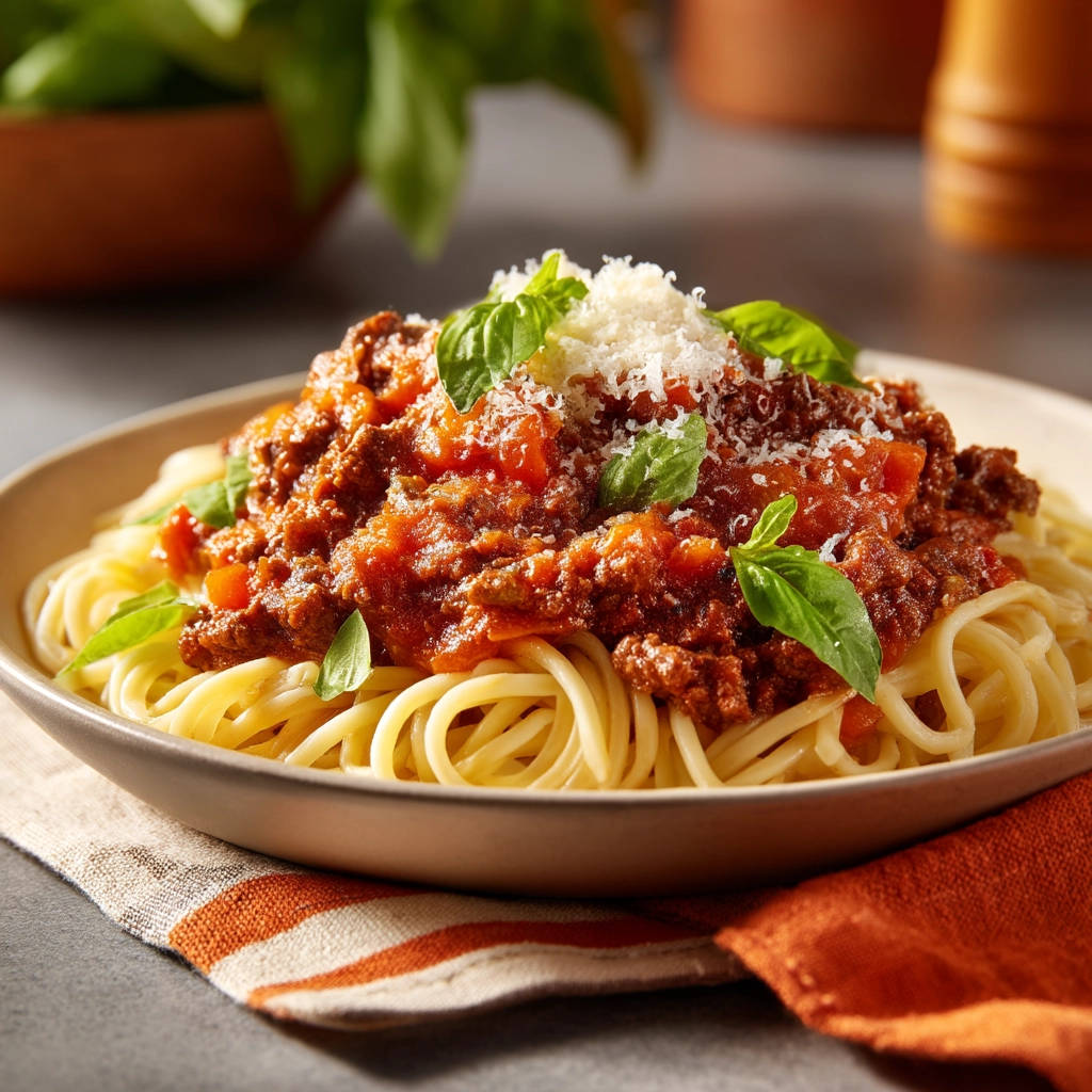 Classic meat sauce and spaghetti served in a bowl, showcasing the rich sauce and fresh basil garnish.