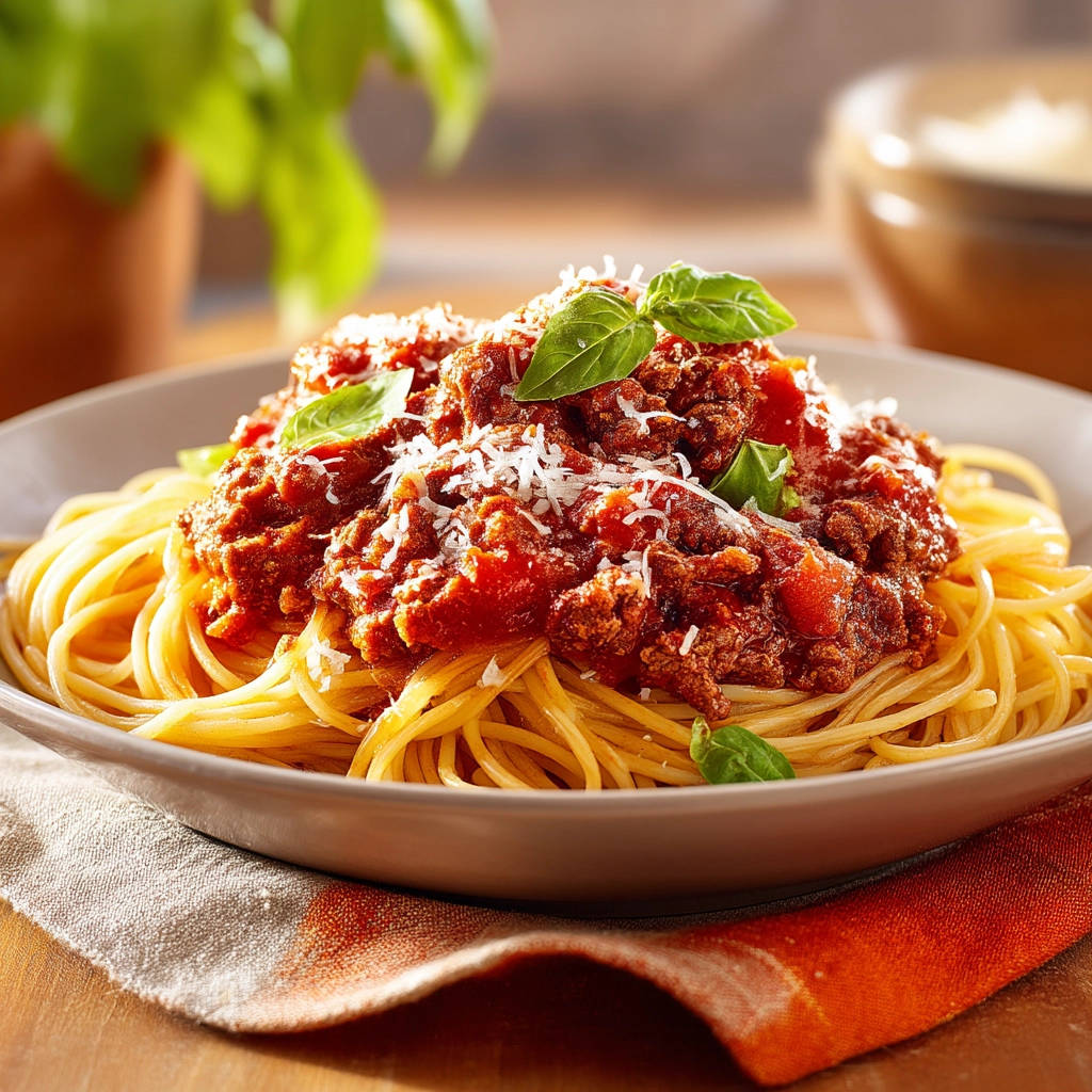 Classic meat sauce and spaghetti with a close-up view of the rich topping and fresh basil garnish.