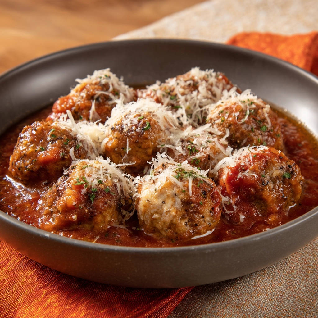 Classic meatballs in marinara sauce topped with grated parmesan cheese and fresh parsley garnish.