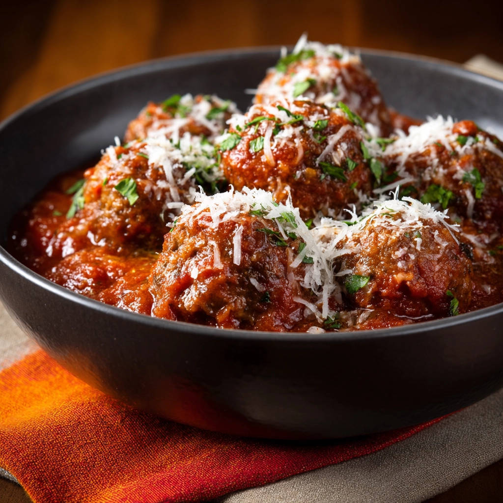 Classic meatballs in a rich tomato sauce, sprinkled with parmesan cheese and parsley, served in a dark bowl.