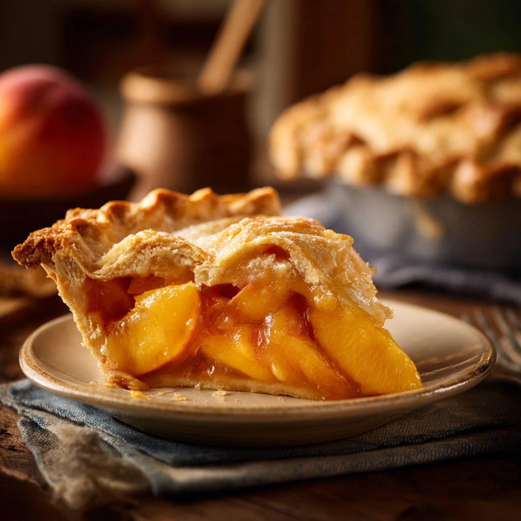 Classic peach pie cross-section slice showing juicy, baked fruit and golden lattice crust on a plate.