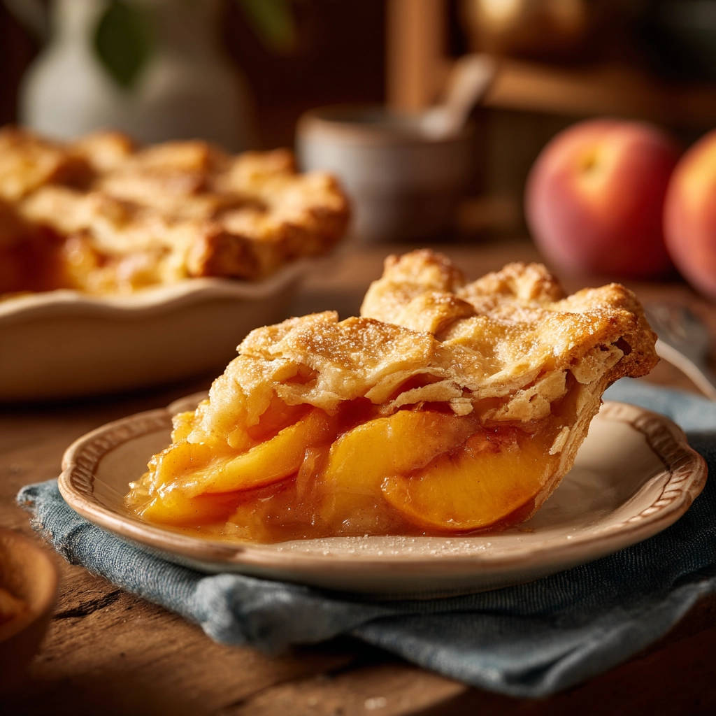 Classic peach pie interior slice showing juicy fruit filling and flaky crust on a plate.