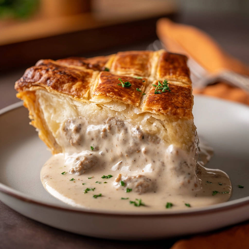 Classic savory meat pie slice with thick gravy spilling onto a plate, garnished with fresh parsley.