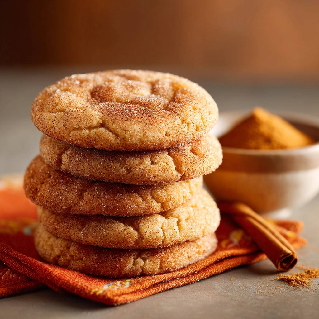 Classic snickerdoodles stacked high, coated in cinnamon sugar, with a bowl of cinnamon powder in the background.