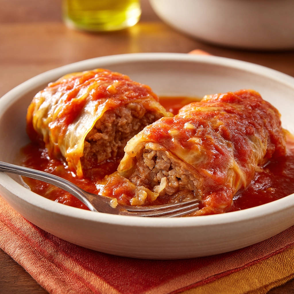 Classic stuffed cabbage rolls cross-section showing the savory meat and rice filling, covered in tomato sauce.