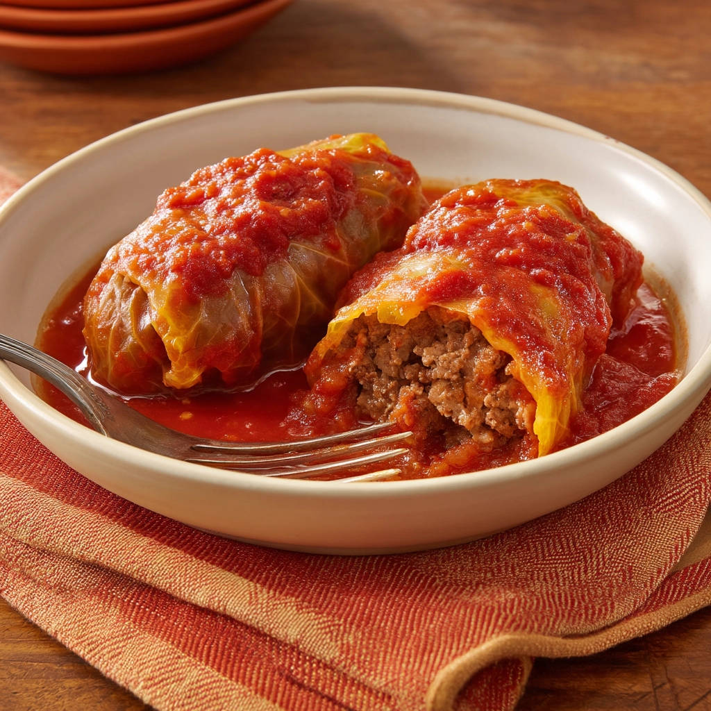 Classic stuffed cabbage rolls made the easy way, with a close-up cross-section revealing the savory meat filling.