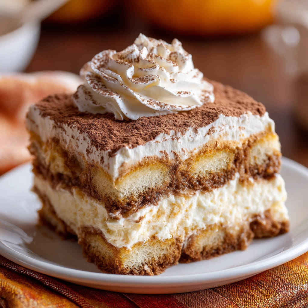 Classic Tiramisu, a plated slice showing its creamy layers and coffee-soaked ladyfingers in a close-up cross-section.