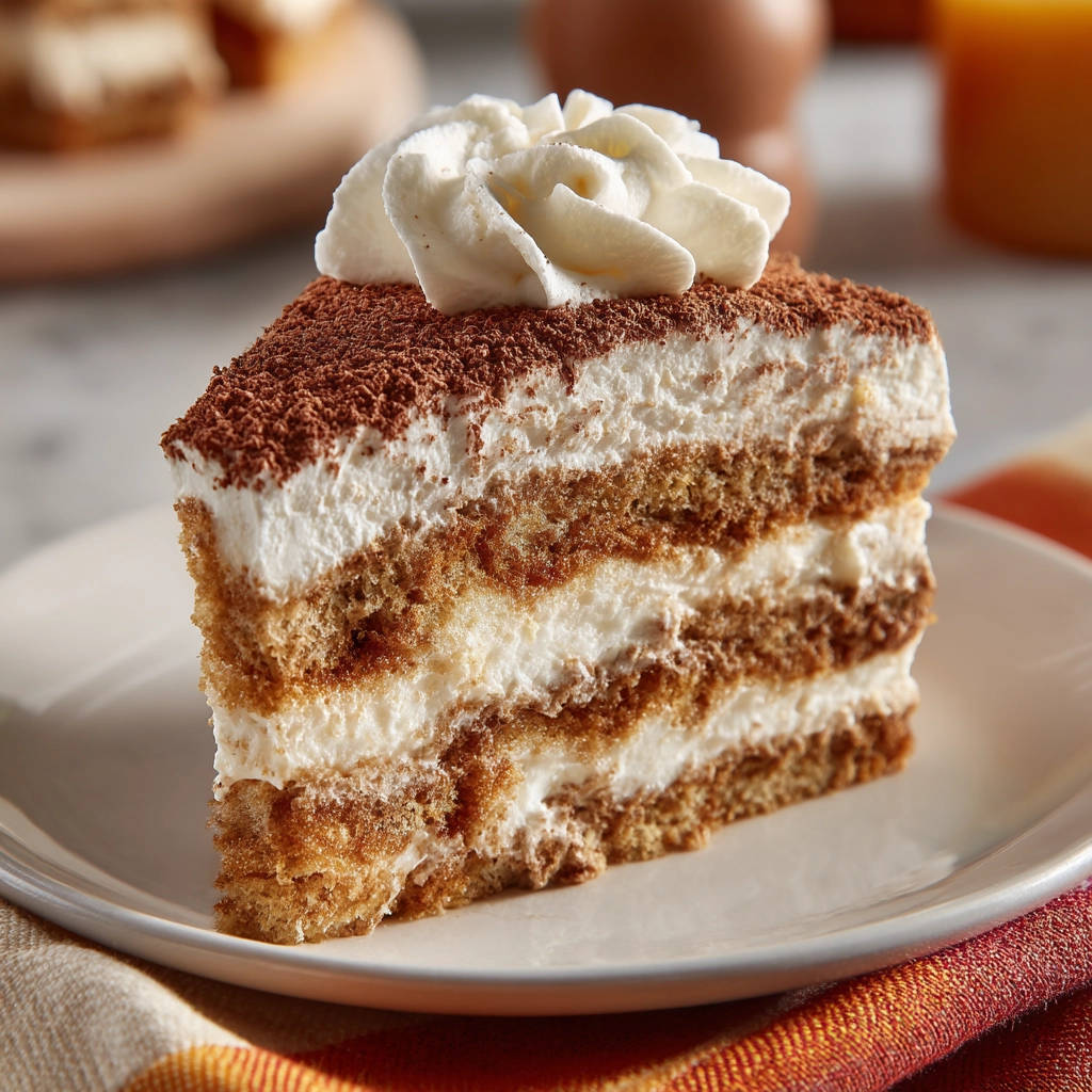 Classic tiramisu presented as a beautiful slice, showcasing its layers of coffee-soaked ladyfingers and creamy mascarpone filling.