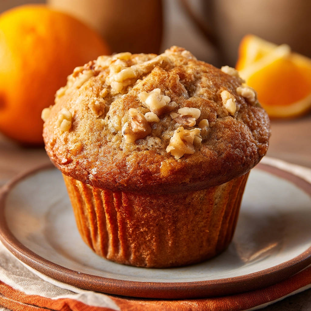 Classic walnut muffins topped with chopped walnuts on a plate, with oranges in the background.