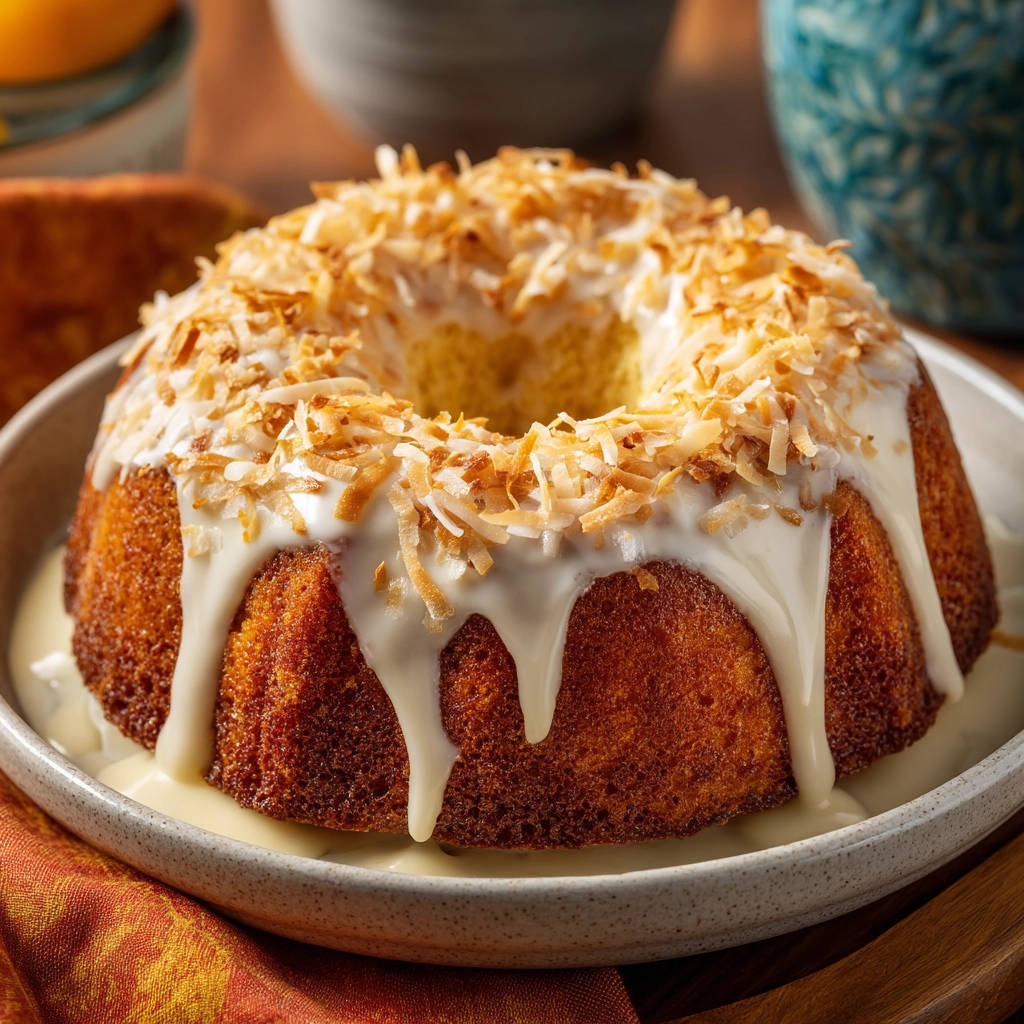 Easy coconut bundt cake generously glazed and topped with toasted shredded coconut.