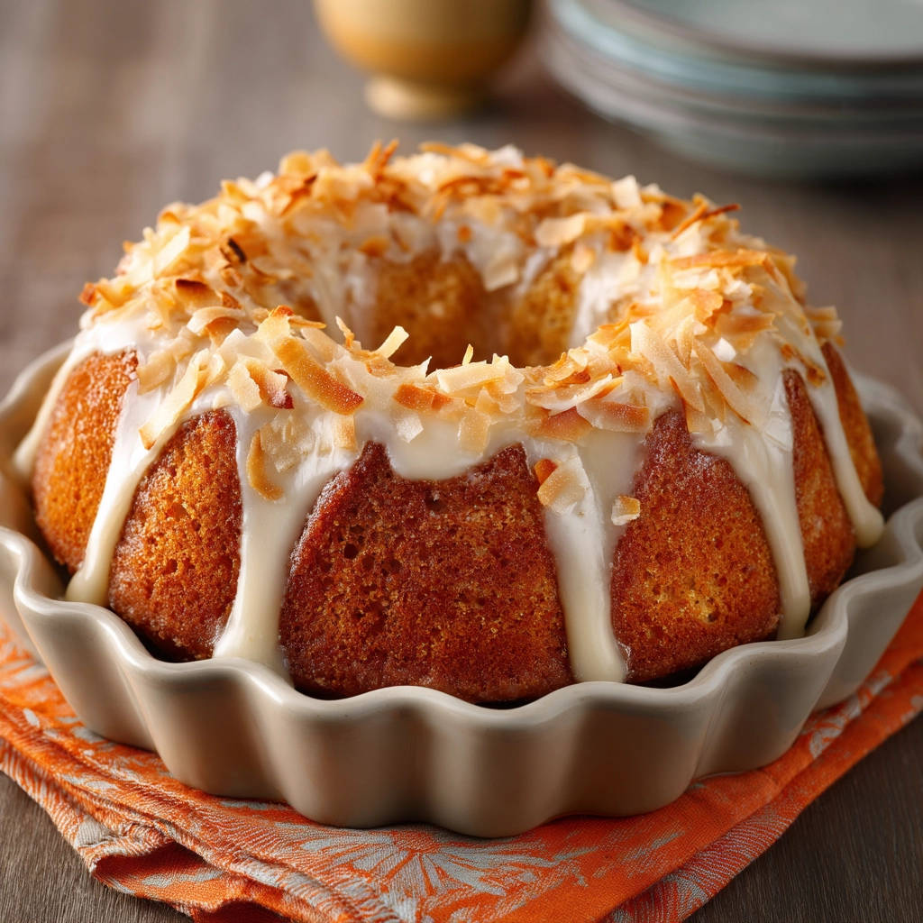 Easy coconut bundt cake generously topped with toasted shredded coconut and drizzled with white glaze.
