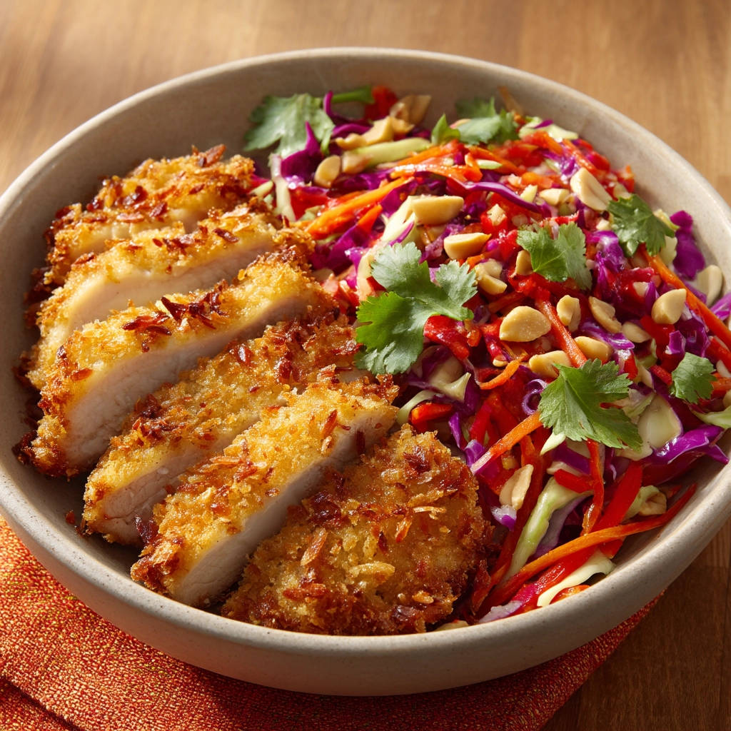 Coconut crusted chicken salad with a vibrant slaw, shown sliced to reveal the tender interior and crispy coating.