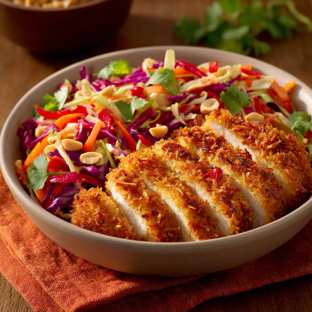 Coconut crusted chicken salad sliced and served with a colorful slaw, showing the crispy coating and tender chicken.