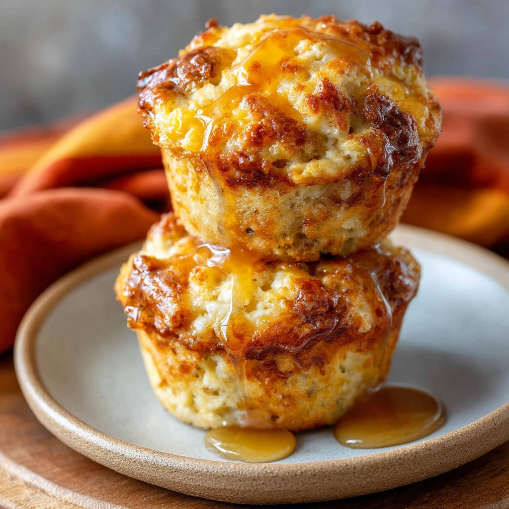 Corn muffins stacked and drizzled with honey, showcasing their golden-brown tops and fluffy texture.