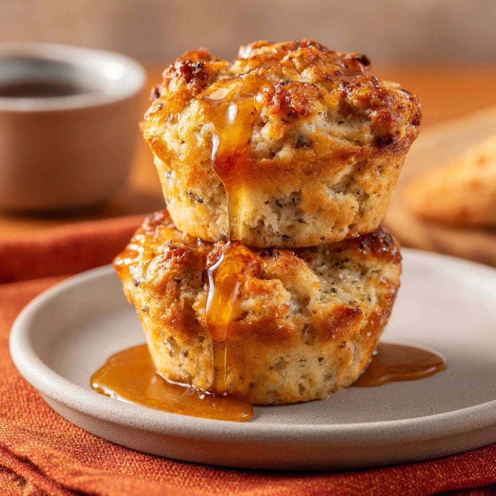 Corn muffins stacked high and drizzled with golden syrup on a plate, showcasing a fluffy texture.